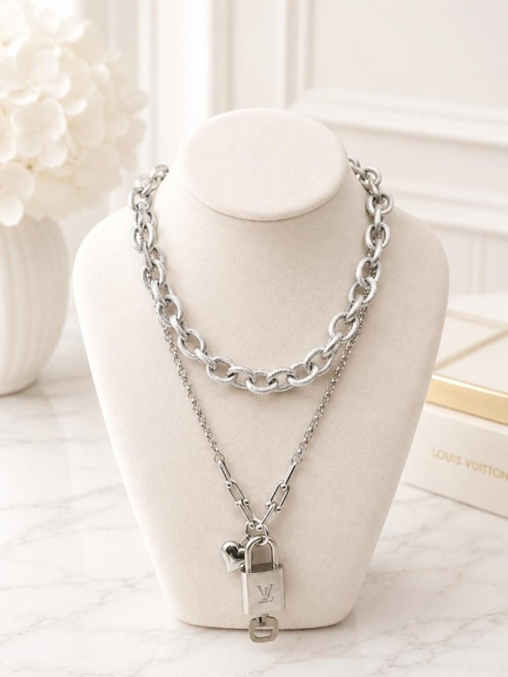 Authentic Louis Vuitton Silver Padlock Pendant with 2 Stainless Steel Keychain